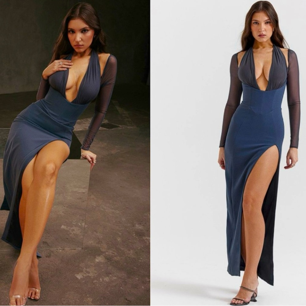 House of CB grey/navy long sleeve maxi slip dress Size S NWOT